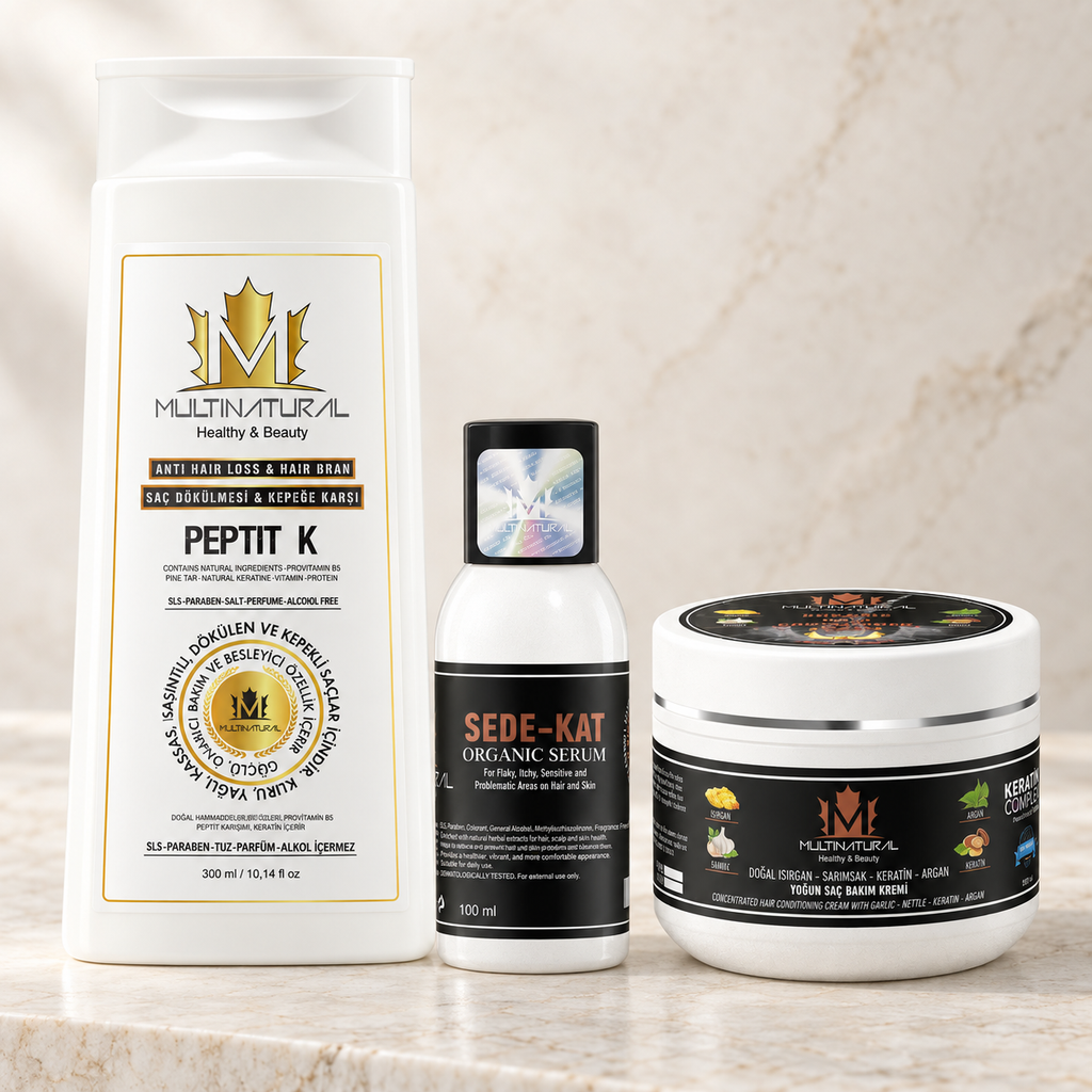 Kepeklenen Hasas Saç ve Cilt Bakım Seti Peptit-K Şampuan (300ml), Sede-Kat Deri Destek Krem (100ml) ve Gen4 Saç Maskesi (300ml)